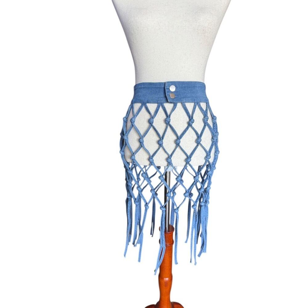 Denim Net Skirt Macrame Fringe Cover Up Party Club Wear Resort M Medium NWT - Picture 6 of 9